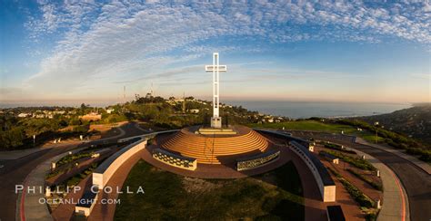 Sunrise over Mount Soledad Cross aerial photo, La Jolla, California