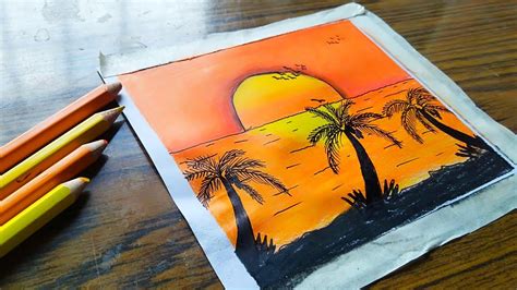 How to draw sunset drawing by colors pencils - YouTube