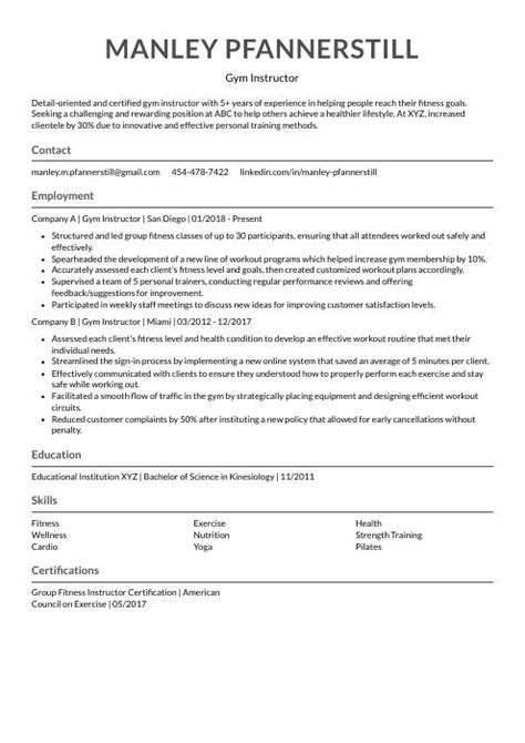 Gym Instructor Resume (CV) Example and Writing Guide