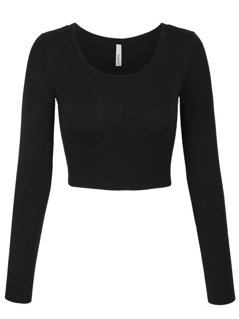 KOGMO Womens Long Sleeve Crop Top Solid Round Neck T Shirt - Walmart.com