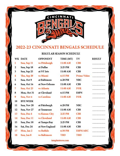 Printable 2022-2023 Cincinnati Bengals Schedule