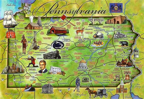 Detailed tourist illustrated map of Pennsylvania state | Pennsylvania ...