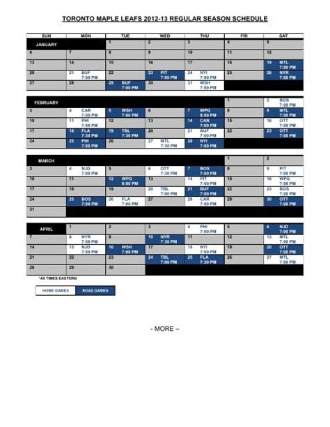 Printable Regular Schedule - Toronto Maple Leafs