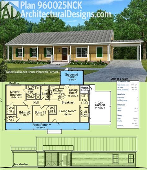 Plan 960025NCK: Economical Ranch House Plan with Carport | Simple house plans, Ranch house plans ...