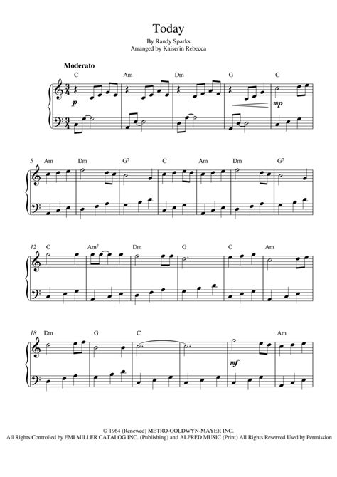 Today (arr. Kaiserin Rebecca) by Randy Sparks Sheet Music for Easy Piano at Sheet Music Direct