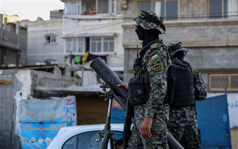 Members of Al-Quds Brigade, the Military Wing of the Islamic Jihad Movement in Palestine, during ...