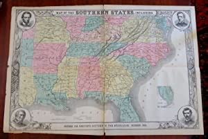 Southern Confederacy Civil War Map 1863 large decorative w/ portraits Lincoln: (1863) Map ...