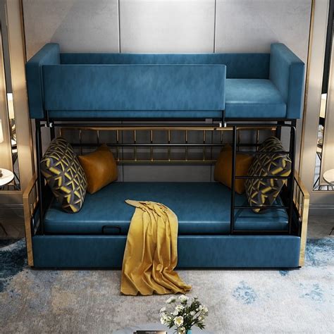 Luxury Modern Wood Bunk Bed Sleeper Sofa Blue Upholstered Convertible Sofa Bed 3-Seater Pillows ...