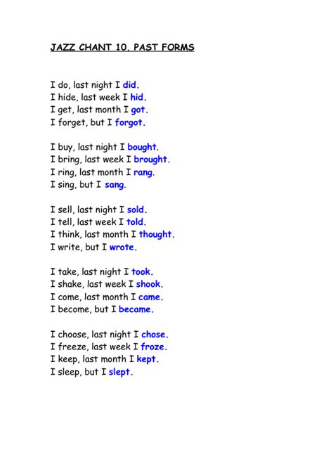 Jazz Chant Irregular Verbs 1 | English as a second language (esl)