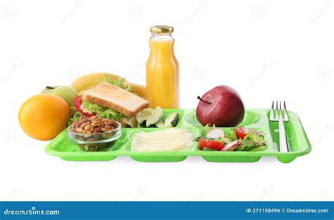 Serving Tray of Healthy Food Isolated on White. School Lunch Stock ...