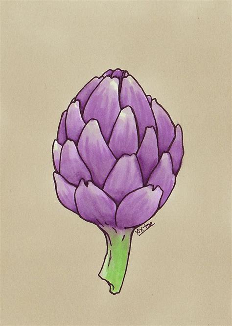 Small Illustration Purple Artichoke Grey Background (artichoke drawing, original art, vegetable ...