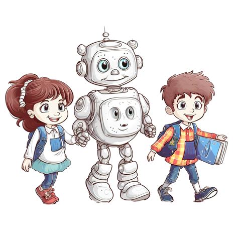Little Schoolchildren And A Funny Robot With Schoolbags Going To Their School, Cute Kids, Kids ...