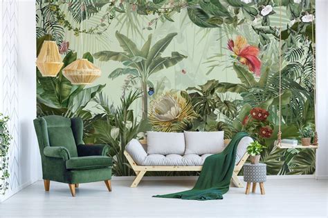 Amazon.com: Murwall Forest Wallpaper Tropical Leaf Wall Mural Exotic Jungle Wall Print Natural ...