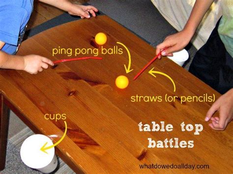 Ping pong ball battle.Tape two cups on opposite ends of the table. Each player gets a ball and a ...