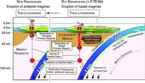 Schematic diagrams showing the genesis of basalt and andesite magmas in ...