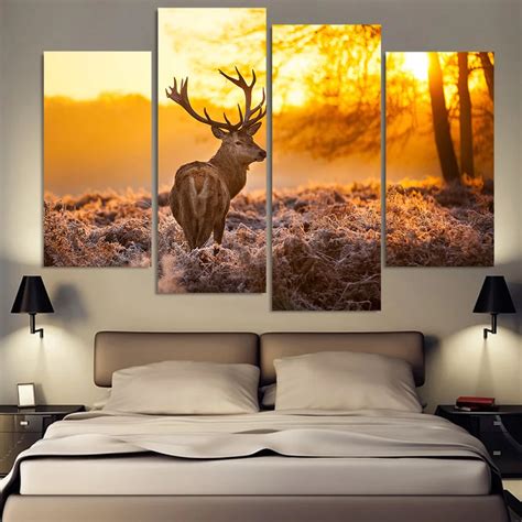 4 Panel Canvas Art Canvas Painting Reindeer Wildland Sunset HD Printed Wall Art Poster Home ...