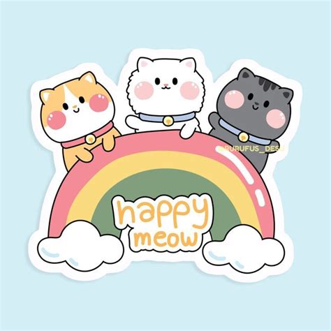 Cute cat on rainbow with happy meow text cartoon on sky.Pet character design.Kawaii. Sticker by ...