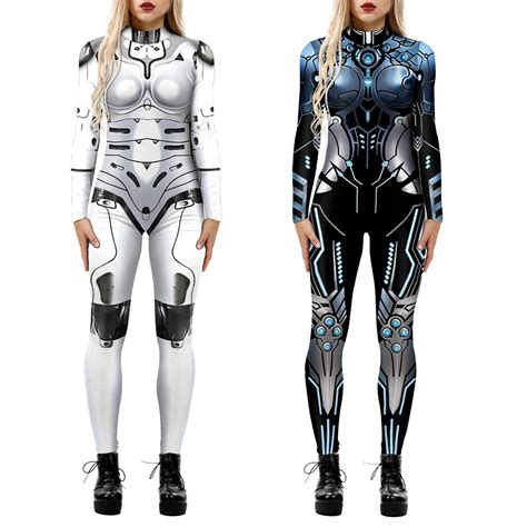 Damen Hallowenn Kostüm Skelett Roboter Cosplay Outfits Langarm Jumpsuit Overalls | eBay