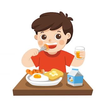 Premium Vector | A little boy happy to eat breakfast in the morning. isolated