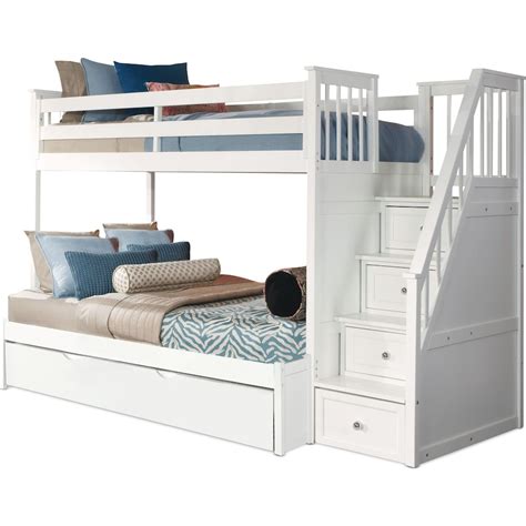 Flynn Twin over Full Trundle Bunk Bed with Storage Stairs - White | Value City Furniture