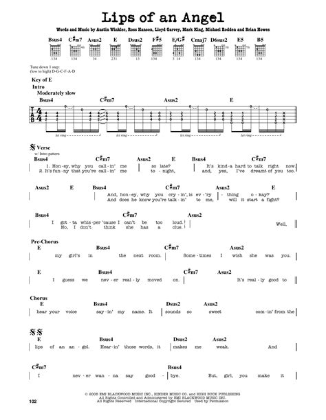 Lips Of An Angel by Hinder - Guitar Lead Sheet - Guitar Instructor