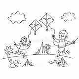 Children Flying Kites Coloring Page Stock Image  Illustration Of Book sketch template