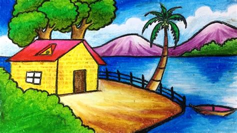 Beach House Scenery Drawing with Oil Pastels