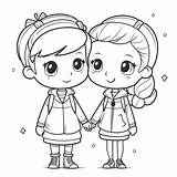 Two Cute Girls Holding Hands Coloring Pages Outline Sketch Drawing  sketch template