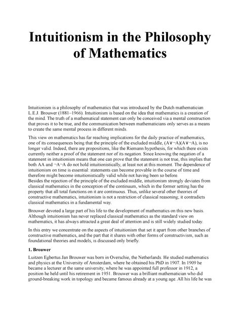 Lecture 42 Intuitionism in the Philosophy of Mathematics - Intuitionism in the Philosophy of ...