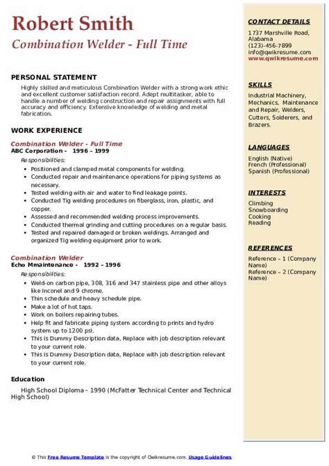 Combination Welder Resume Samples | QwikResume