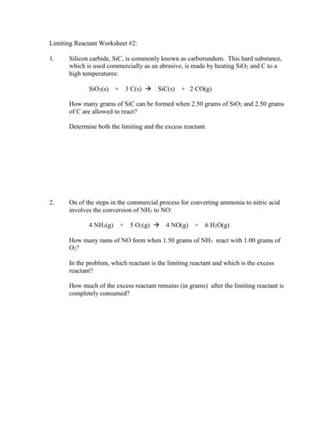 Limiting Reactant Worksheet #2