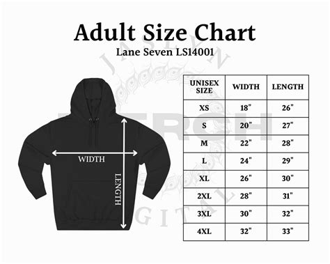 Instant Download LS14001 Lane Seven Size Chart, Unisex Premium Pullover ...