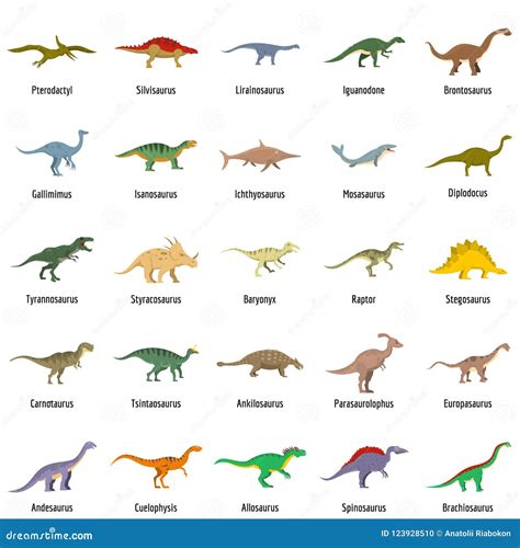 Dinosaur Types Signed Name Icons Set Isolated Stock Illustration - Illustration of character ...