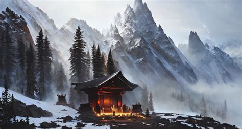 Wallpaper : ai art, AI generated, Stable Diffusion, snow, mountains, shrine, trees, candles ...