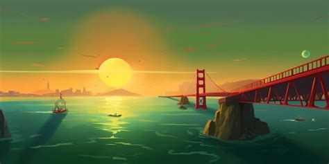 Premium AI Image | A painting of a golden gate bridge at sunset.