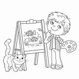Coloring Page Outline Of Cartoon Boy With Brush Paints And Cat Little  sketch template