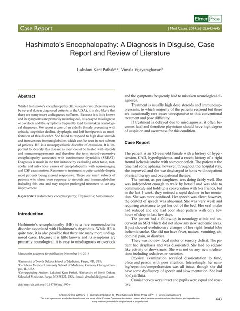 (PDF) Hashimoto’s Encephalopathy: A Diagnosis in Disguise, Case Report ...