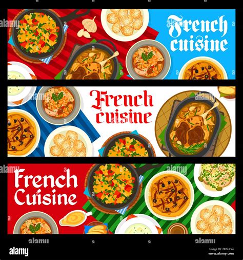 French restaurant meals vector banners. Donuts, seafood soup ...