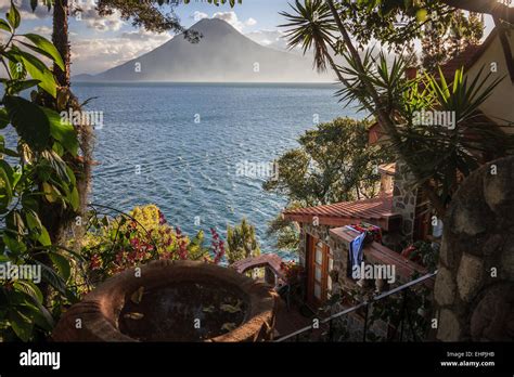 View of Toliman volcano on the atitlan lake, Casa del Mundo hotel ...