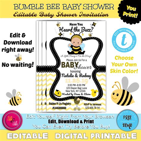 Editable Bumble Bee Baby Shower Invitations Printable, Bumblebee Invit – Mug and Mouse Designs