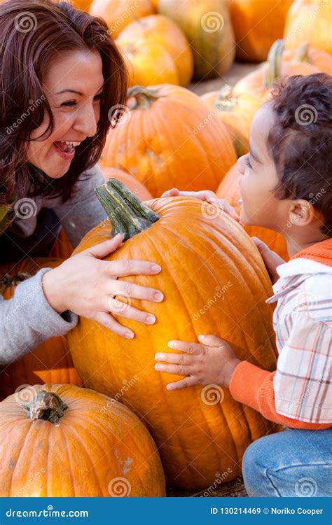 Family at a Pumpkin Patch Having Fun. Stock Image - Image of bonding, plaid: 130214469