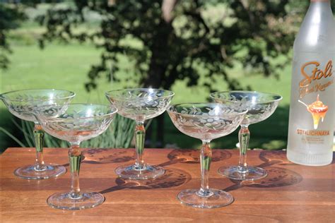 AMAZING Vintage Etched Champagne Coupe Cocktail Martini Glasses Set of 5, Wedding Glasses ...