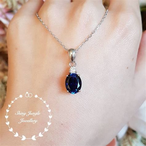 Genuine lab grown Royal Blue sapphire necklace, oval sapphire pendant ...