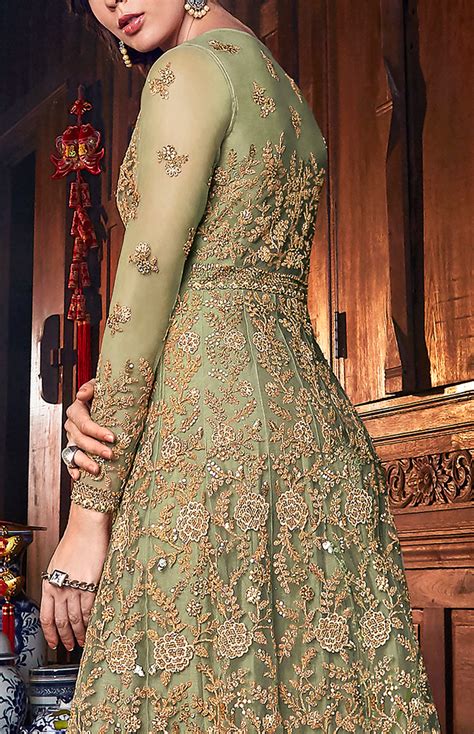 Olive Green & Gold Designer Embroidered Silk Bridal Anarkali Gown | Saira's Boutique