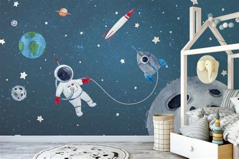 Watercolor Space with Astronaut and Meteor Wallpaper Mural | Space themed room, Space themed ...