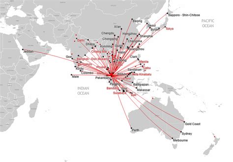 เส้นทางบินของ AirAsia (บางส่วน) ครอบคลุมเอเชียแปซิฟิกตอนล่างเกือบทุกประเทศ