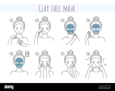 Clay face mask application and removal steps, vector illustration. Facial skin care routine ...