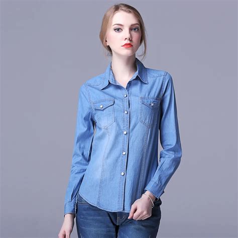 Fashion 2017 Womens Chambray Top Denim Shirts and Blouses Ladies Long ...