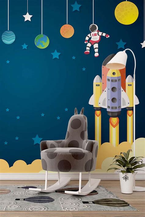 Blue Space Kids Room Planets Rocket Wallpaper For Walls | Morphico