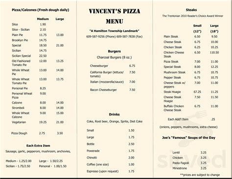 Vincent's Pizza menu in Mercerville, New Jersey, USA